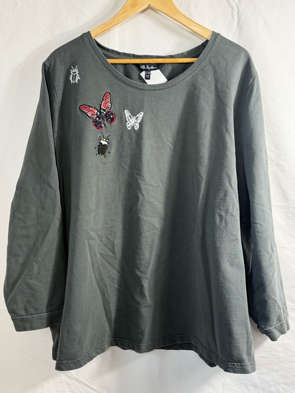 Ulla Popken Charcoal Long-Sleeve Top with Embroidered Butterflies 100% Cotton